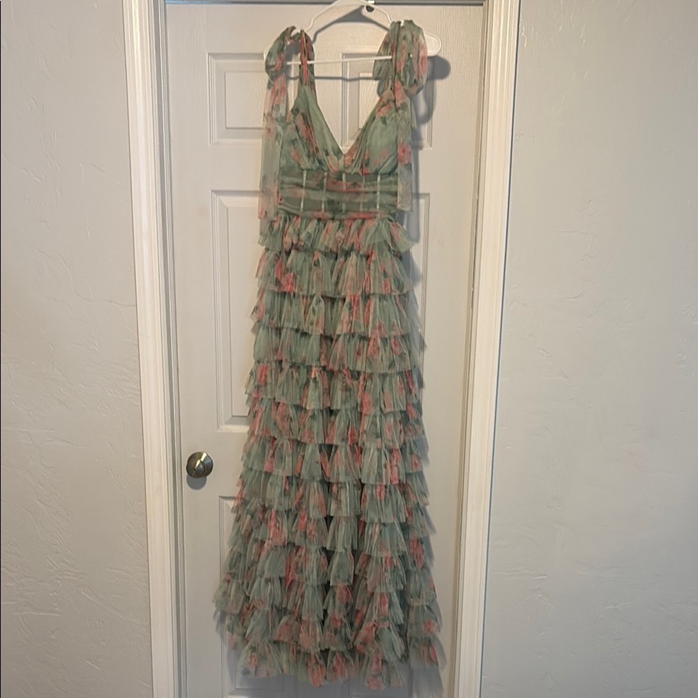 Elegant Green and Pink Ruffled Gown